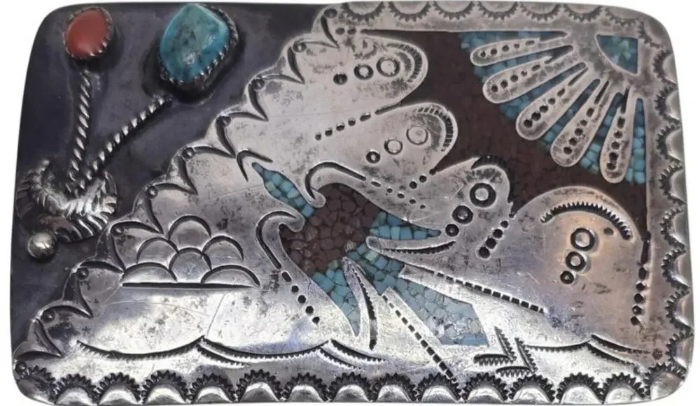 VINTAGE Navajo Sterling Silver Peyote Bird Belt Buckle TA Signed Turquoise Coral - Picture 2 of 6